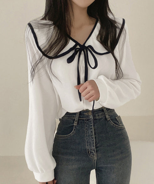 ビッグ襟ブラウス リボンタイブラウス長袖 レディース バイカラーシャツブラウス フレンチガーリー 大きめ襟トップス ゆったり韓国ファッション  着やせ 体型カバー 84WANJIA-022